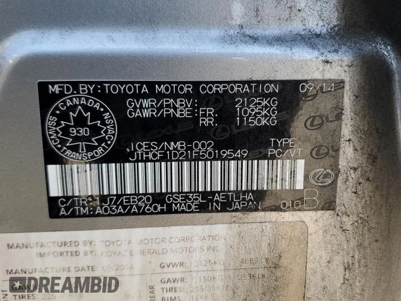 2015 Lexus IS 250 z VIN JTHCF1D21F5019549, wystawiony jako Copart lot #54077215 z przebiegiem 68 672 mil mil oraz Szkoda całkowita • Salvage title. Historia ofert i sprzedaży dostępna na DreamBid. Obrazek 12.