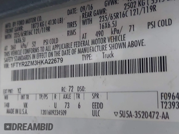 2017 Ford Transit with VIN 1FTYR2ZM3HKA22679, listed as a IAAI auction lot 41466842 with 117,542 mi miles and . Bid and sale history available at DreamBid. Image 9.