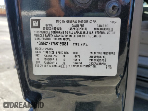 2005 Chevrolet Tahoe LS with VIN 1GNEC13T75R159861, listed as a Copart auction lot 64048295 with Not provided miles and Salvage title. Bid and sale history available at DreamBid. Image 12.