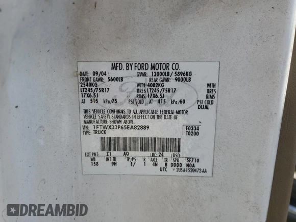 2005 Ford F-350 XL с VIN 1FTWX33P65EA82889, выставлен на аукционе Copart как лот 87628925 с пробегом 202 718 миль миль и Списание • Salvage title. История ставок и продаж доступна на DreamBid. Изображение 13.