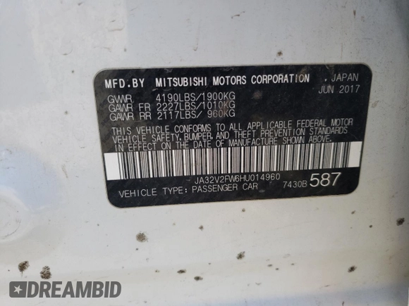 2017 Mitsubishi Lancer ES with VIN JA32V2FW6HU014960, listed as a Copart auction lot 70043804 with 102,710 mi miles and Salvage Title. Bid and sale history available at carsss.com. Image 12.
