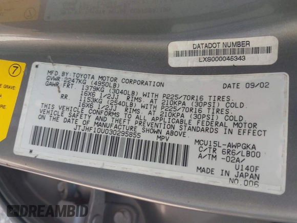 2003 Lexus RX 300 with VIN JTJHF10U030295855, listed as a IAAI auction lot 42532724 with 173,460 mi miles and . Bid and sale history available at DreamBid. Image 9.