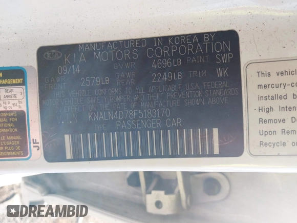 2015 Kia Cadenza Premium with VIN KNALN4D78F5183170, listed as a IAAI auction lot 41434649 with 101,443 mi miles. Bid and sale history available at carsss.com. Image 9.