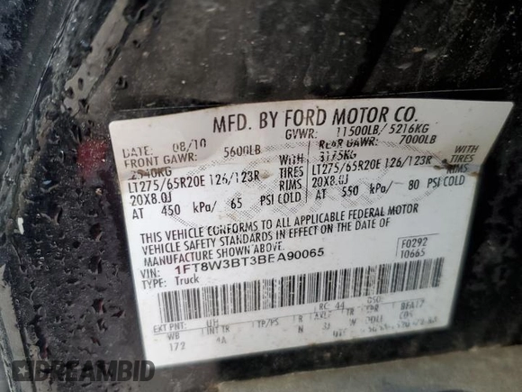 2011 Ford F-350 XL with VIN 1FT8W3BT3BEA90065, listed as a Copart auction lot 55763825 with 394,704 mi miles and Salvage title. Bid and sale history available at DreamBid. Image 12.