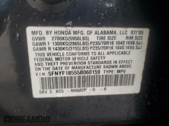 2005 Honda Pilot EX-L with VIN 5FNYF18555B060159, listed as a Copart auction lot 54165005 with 147,187 mi miles and Salvage title. Bid and sale history available at DreamBid. Image 12.