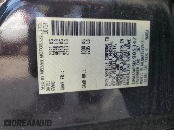 2014 Nissan Maxima S with VIN 1N4AA5AP6EC905347, listed as a Copart auction lot 47275125 with 191,287 mi miles and Salvage Title. Bid and sale history available at DreamBid. Image 14.