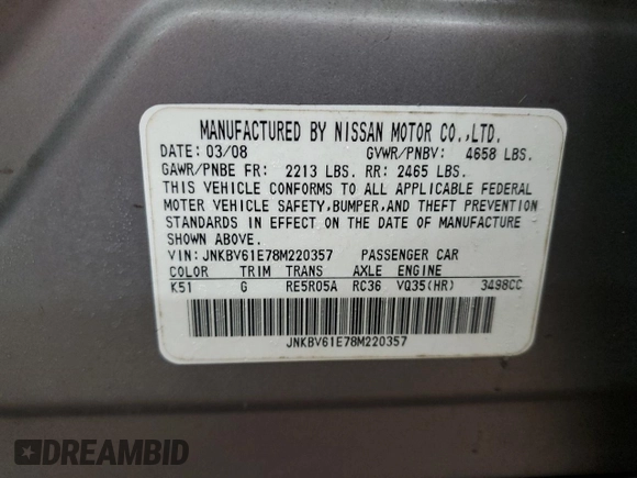 2008 Infiniti G35 with VIN JNKBV61E78M220357, listed as a Copart auction lot 83828374 with 242,405 mi miles and Salvage Title. Bid and sale history available at DreamBid. Image 12.