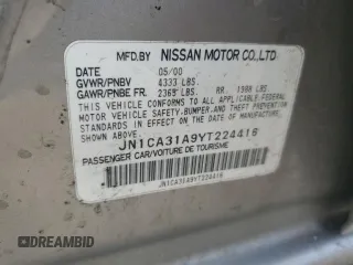 2000 Nissan Maxima GXE z VIN JN1CA31A9YT224416, wystawiony jako Copart lot #55514495 z przebiegiem 234 882 mil mil oraz Szkody całkowita. Historia ofert i sprzedaży dostępna na DreamBid. Obrazek 12.