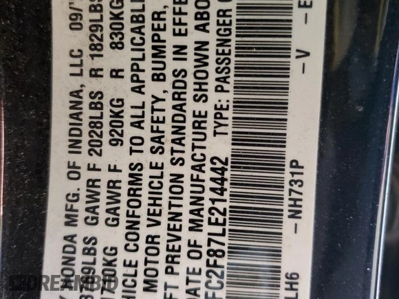 2020 Honda Civic Sedan Sport with VIN 19XFC2F87LE214442, listed as a Copart auction lot 41926545 with 37,105 mi miles and Salvage Title. Bid and sale history available at carsss.com. Image 12.