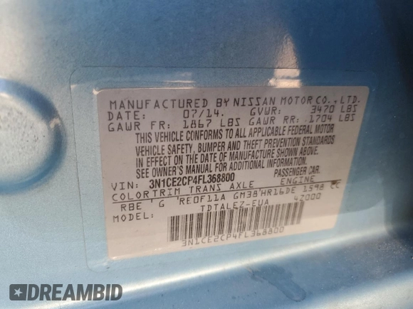 2015 Nissan Note SL z VIN 3N1CE2CP4FL368800, wystawiony jako Copart lot #57629755 z przebiegiem Nie podano mil oraz Szkoda całkowita • Salvage title. Historia ofert i sprzedaży dostępna na DreamBid. Obrazek 13.
