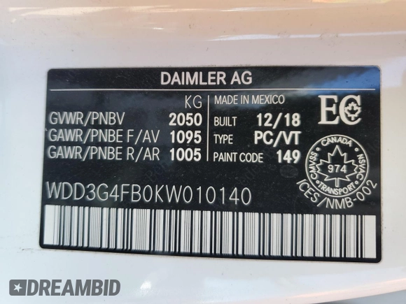 2019 Mercedes-Benz A 220 with VIN WDD3G4FB0KW010140, listed as a Copart auction lot 54116585 with 66,721 mi miles and Salvage Title. Bid and sale history available at DreamBid. Image 13.
