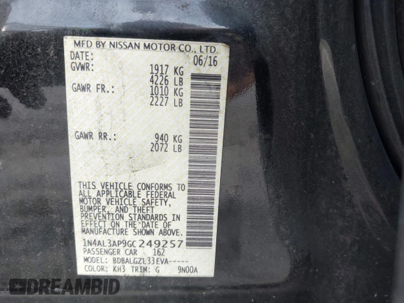 2016 Nissan Altima SV with VIN 1N4AL3AP9GC249257, listed as a IAAI auction lot 41523373 with 183,619 mi miles and . Bid and sale history available at DreamBid. Image 9.