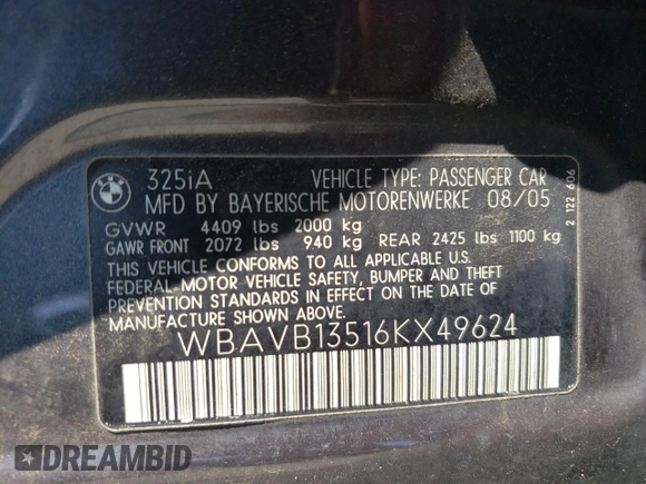 2006 BMW 3 Series 325i with VIN WBAVB13516KX49624, listed as a Copart auction lot 63456804 with 189,764 mi miles and Salvage Title. Bid and sale history available at DreamBid. Image 12.