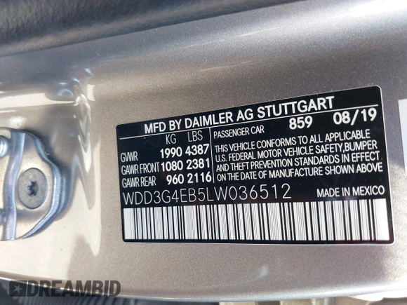 2020 Mercedes-Benz A 220 with VIN WDD3G4EB5LW036512, listed as a IAAI auction lot 40382327 with 59,667 mi miles and . Bid and sale history available at DreamBid. Image 9.