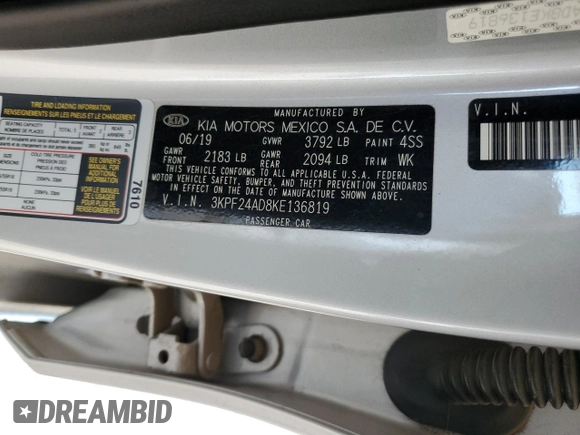 2019 Kia Forte LXS with VIN 3KPF24AD8KE136819, listed as a Copart auction lot 63519045 with 69,675 mi miles and Clean title. Bid and sale history available at DreamBid. Image 12.