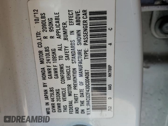2013 Acura TSX z VIN JH4CU2F43DC004067, wystawiony jako Copart lot #54395325 z przebiegiem Nie podano mil oraz Szkoda całkowita • Salvage title. Historia ofert i sprzedaży dostępna na DreamBid. Obrazek 12.