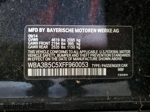 2015 BMW 3 Series 328i xDrive with VIN WBA3B5C5XFF960053, listed as a Copart auction lot 42391185 with 123,096 mi miles and Clean Title. Bid and sale history available at carsss.com. Image 12.