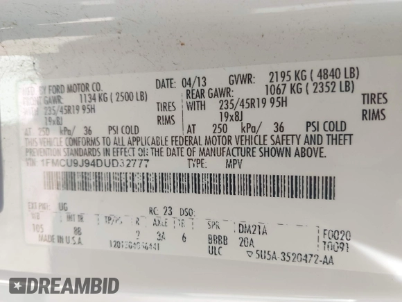 2013 Ford Escape Titanium with VIN 1FMCU9J94DUD32777, listed as a IAAI auction lot 42683798 with 197,857 mi miles and . Bid and sale history available at DreamBid. Image 9.