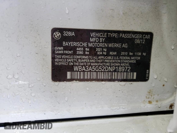 2013 BMW 3 Series 328i with VIN WBA3A5G52DNP18972, listed as a Copart auction lot 58122935 with 209,173 mi miles and Salvage title. Bid and sale history available at DreamBid. Image 13.