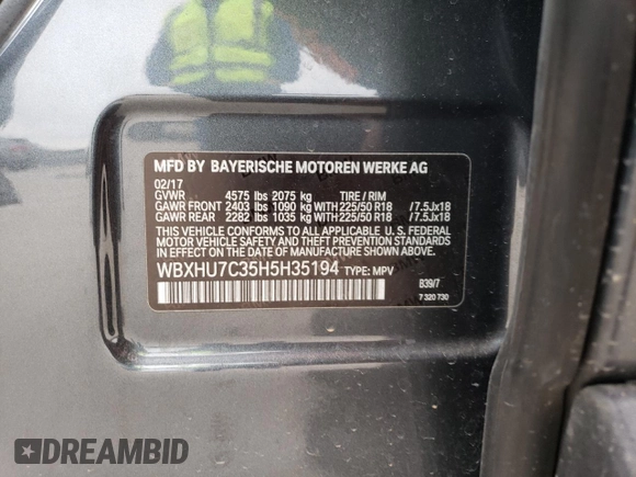 2017 BMW X1 sDrive28i with VIN WBXHU7C35H5H35194, listed as a Copart auction lot 47400983 with 80,312 mi miles and . Bid and sale history available at DreamBid. Image 14.