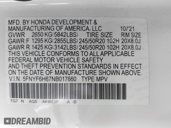 2022 Honda Pilot Touring 7-Passenger with VIN 5FNYF6H67NB017660, listed as a IAAI auction lot 41194603 with 87,301 mi miles. Bid and sale history available at carsss.com. Image 9.