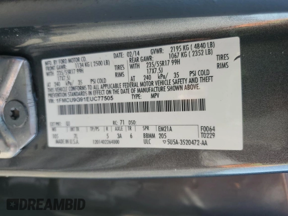 2014 Ford Escape SE z VIN 1FMCU9G91EUC77505, wystawiony jako Copart lot #52913005 z przebiegiem 119 299 mil mil oraz Szkoda całkowita • Salvage title. Historia ofert i sprzedaży dostępna na DreamBid. Obrazek 12.