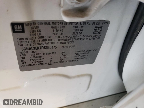 2013 Chevrolet Captiva Sport LT with VIN 3GNAL3EK7DS636475, listed as a Copart auction lot 70757524 with 109,857 mi miles and Salvage Title. Bid and sale history available at DreamBid. Image 13.