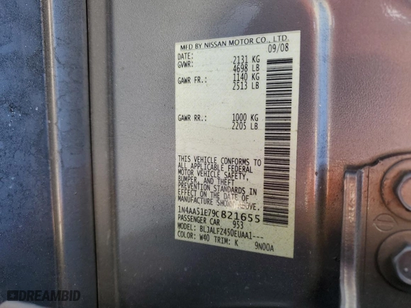 2009 Nissan Maxima 3.5 SV w/Premium Pkg with VIN 1N4AA51E79C821655, listed as a Copart auction lot 43280185 with 130,473 mi miles and Salvage Title. Bid and sale history available at carsss.com. Image 13.