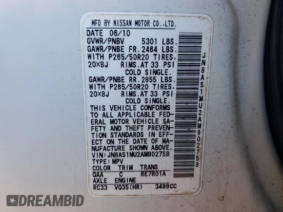 2010 Infiniti FX with VIN JN8AS1MU2AM802758, listed as a Copart auction lot 75509034 with Not Provided miles and Salvage Title. Bid and sale history available at DreamBid. Image 14.