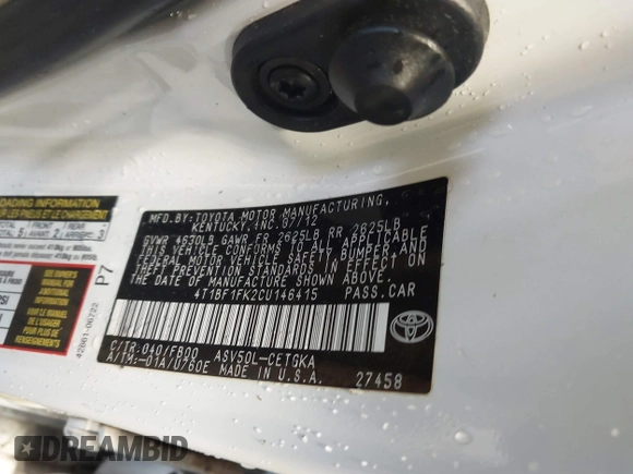 2012 Toyota Camry L with VIN 4T1BF1FK2CU146415, listed as a IAAI auction lot 41538201 with 139,399 mi miles. Bid and sale history available at carsss.com. Image 9.