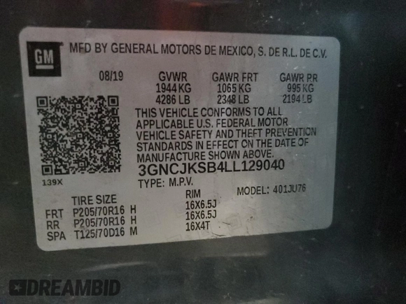 2020 Chevrolet Trax LS with VIN 3GNCJKSB4LL129040, listed as a Copart auction lot 51944995 with 99,864 mi miles and Salvage Title. Bid and sale history available at DreamBid. Image 14.