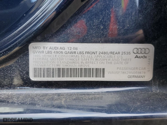 2009 Audi A4 2.0T Prem Plus with VIN WAUSF78K29N049879, listed as a Copart auction lot 48619455 with 67,402 mi miles and Clean Title. Bid and sale history available at carsss.com. Image 12.