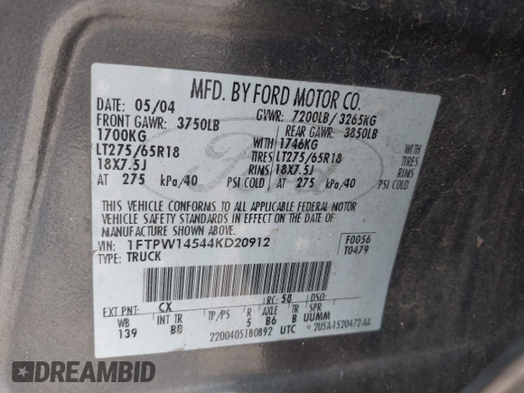 2004 Ford F-150 XLT с VIN 1FTPW14544KD20912, выставлен на аукционе IAAI как лот 42372790 с пробегом 262 258 миль миль и . История ставок и продаж доступна на DreamBid. Изображение 9.