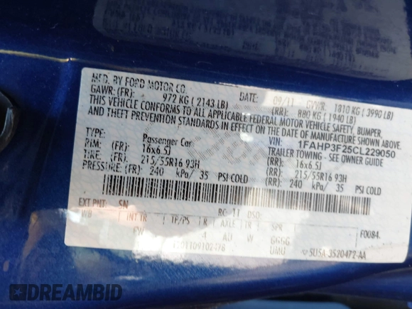 2012 Ford Focus SE with VIN 1FAHP3F25CL229050, listed as a IAAI auction lot 42728746 with 133,173 mi miles and . Bid and sale history available at DreamBid. Image 9.