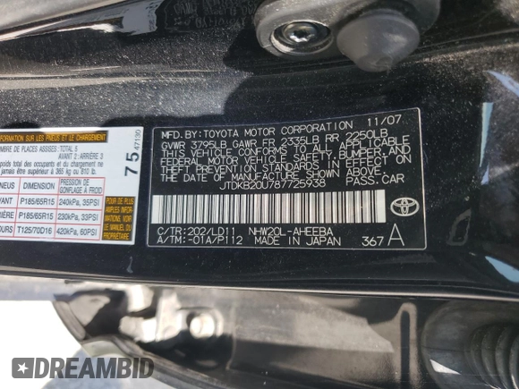 2008 Toyota Prius with VIN JTDKB20U787725938, listed as a Copart auction lot 61470205 with 166,270 mi miles and Salvage title. Bid and sale history available at DreamBid. Image 12.