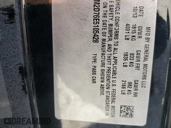 2014 Chevrolet Corvette Z51 3LT with VIN 1G1YM2D76E5105428, listed as a Copart auction lot 49181995 with 60,860 mi miles and Salvage title. Bid and sale history available at DreamBid. Image 12.