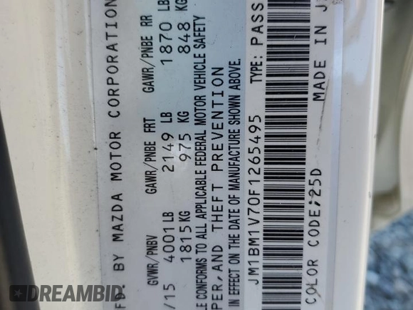 2015 Mazda 3 i Touring with VIN JM1BM1V70F1265495, listed as a Copart auction lot 52867345 with 154,496 mi miles and Salvage Title. Bid and sale history available at DreamBid. Image 14.