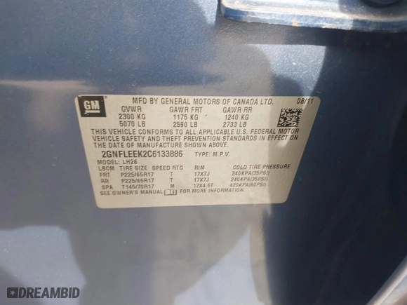 2012 Chevrolet Equinox LT w/1LT with VIN 2GNFLEEK2C6133886, listed as a IAAI auction lot 42083012 with 116,980 mi miles. Bid and sale history available at carsss.com. Image 9.