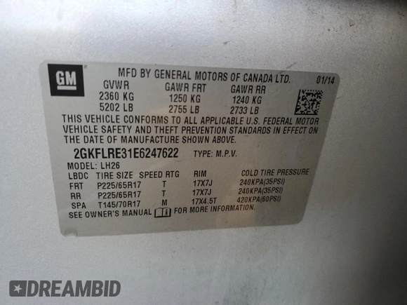 2014 GMC Terrain SLE with VIN 2GKFLRE31E6247622, listed as a Copart auction lot 80209594 with 109,294 mi miles and Salvage title. Bid and sale history available at DreamBid. Image 15.