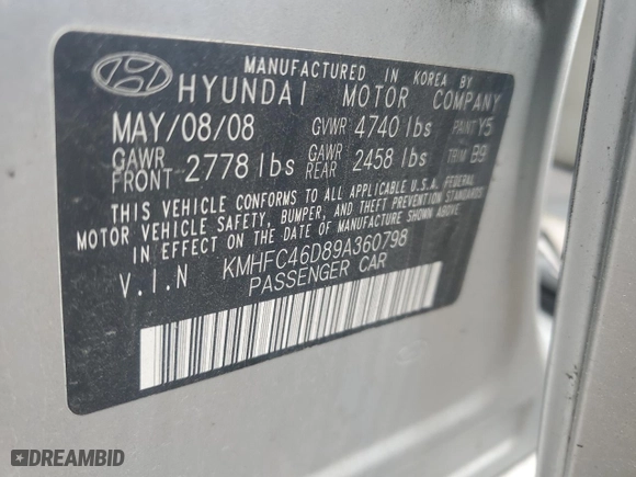 2009 Hyundai Azera GLS with VIN KMHFC46D89A360798, listed as a Copart auction lot 60381093 with 151,626 mi miles and Salvage Title. Bid and sale history available at carsss.com. Image 14.