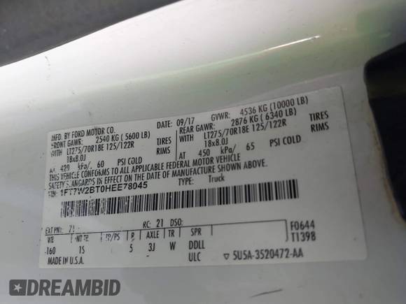 2017 Ford F-250 Lariat with VIN 1FT7W2BT0HEE78045, listed as a IAAI auction lot 41345496 with 245,720 mi miles and . Bid and sale history available at DreamBid. Image 9.