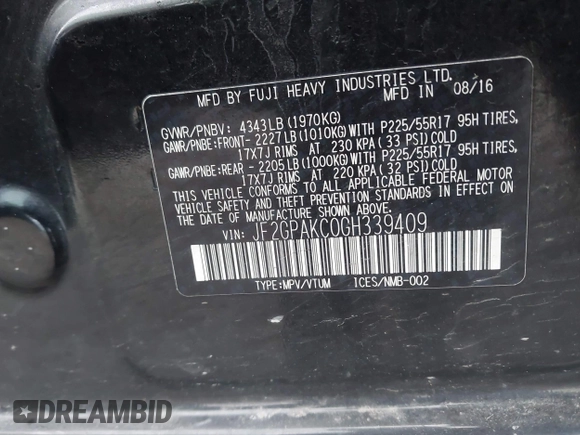 2016 Subaru Crosstrek Limited with VIN JF2GPAKC0GH339409, listed as a IAAI auction lot 41908477 with Not provided miles and . Bid and sale history available at DreamBid. Image 9.