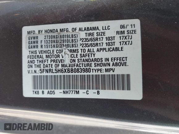 2011 Honda Odyssey EX-L with VIN 5FNRL5H6XBB083980, listed as a IAAI auction lot 42100308 with 191,361 mi miles and . Bid and sale history available at carsss.com. Image 9.