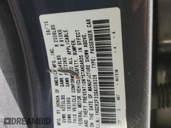 2016 Honda Accord Sedan LX with VIN 1HGCR2F33GA006039, listed as a Copart auction lot 52816994 with 177,019 mi miles and Salvage Title. Bid and sale history available at carsss.com. Image 12.