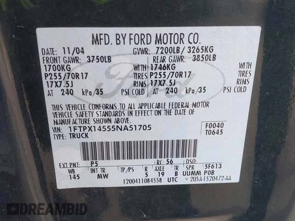 2005 Ford F-150 XLT with VIN 1FTPX14555NA51705, listed as a IAAI auction lot 42098365 with 162,409 mi miles. Bid and sale history available at carsss.com. Image 9.