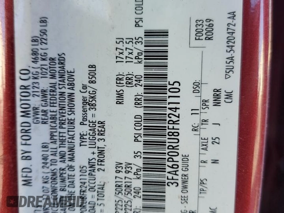 2015 Ford Fusion Titanium Hybrid with VIN 3FA6P0RU8FR241105, listed as a Copart auction lot 86793524 with 136,662 mi miles and Salvage title. Bid and sale history available at DreamBid. Image 13.