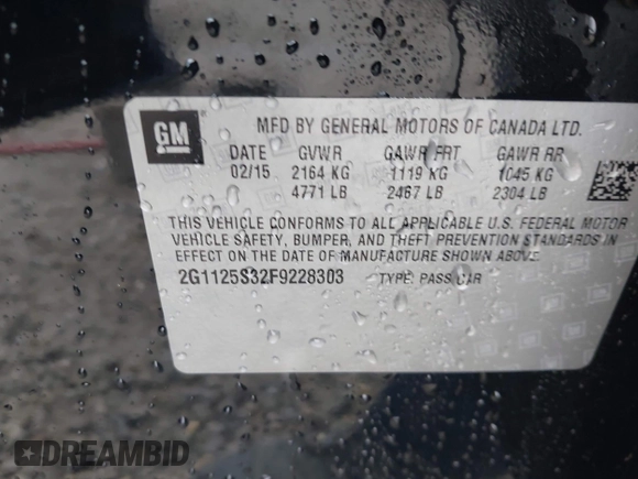 2015 Chevrolet Impala LT with VIN 2G1125S32F9228303, listed as a IAAI auction lot 42018622 with 64,836 mi miles and . Bid and sale history available at DreamBid. Image 9.