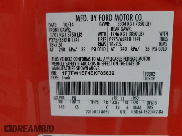 2014 Ford F-150 XL with VIN 1FTFW1EF4EKF85639, listed as a Copart auction lot 53059965 with 174,929 mi miles and Salvage Title. Bid and sale history available at carsss.com. Image 14.