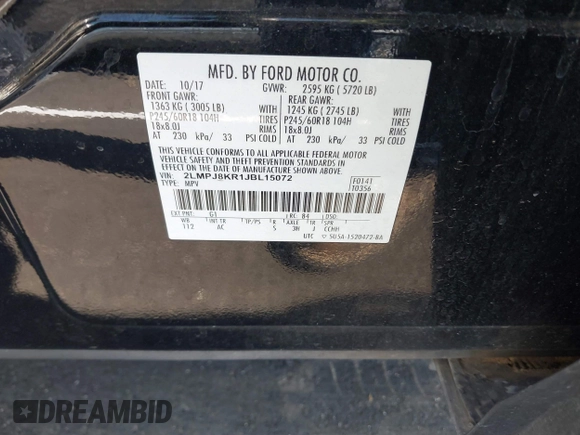 2018 Lincoln MKX Select with VIN 2LMPJ8KR1JBL15072, listed as a IAAI auction lot 41868951 with 125,743 mi miles. Bid and sale history available at carsss.com. Image 9.