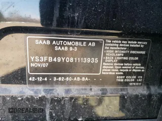 2008 Saab 9-3 z VIN YS3FB49Y081113935, wystawiony jako Copart lot #50972715 z przebiegiem 158 034 mil mil oraz Czysty tytuł • Clean title. Historia ofert i sprzedaży dostępna na DreamBid. Obrazek 12.
